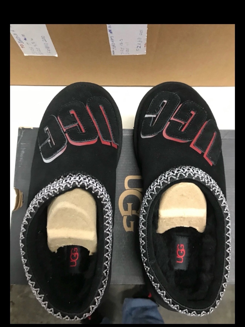 UGG Black Slip-On Logo Moccasins with Red Accents